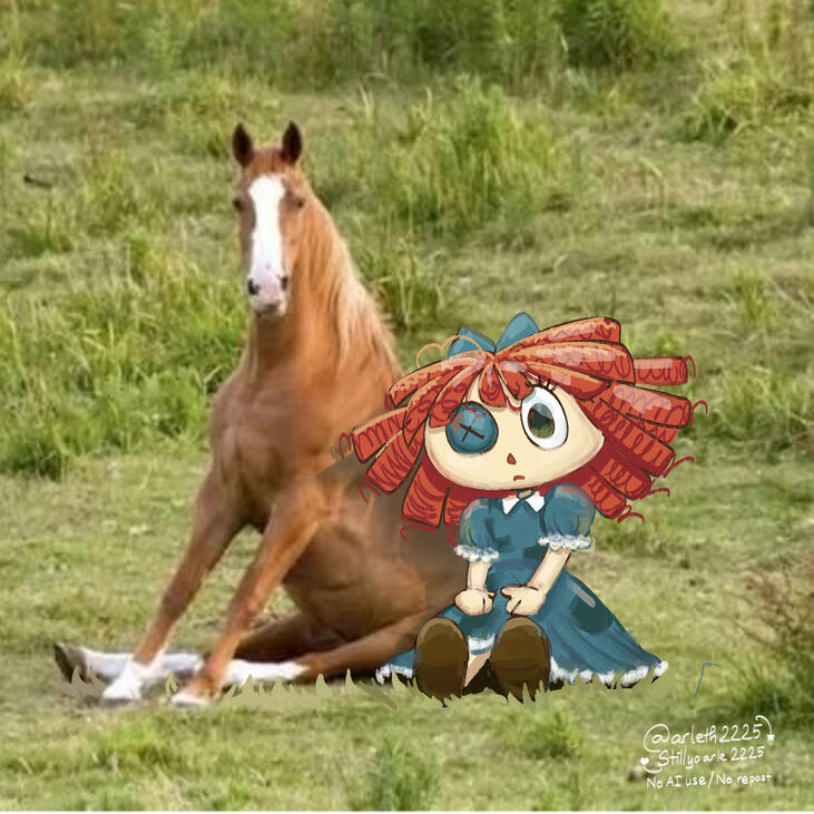 A paint-over meme I found while searching for horse meme, so I thought Ragatha sit with horse would be cute :)